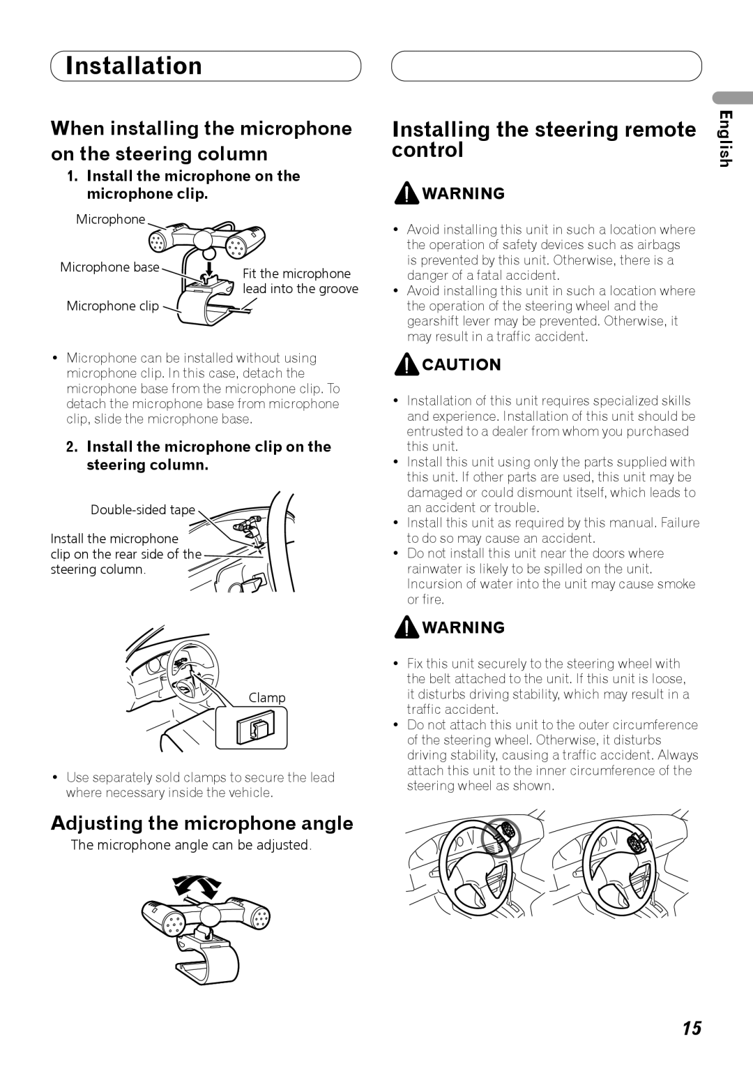 Pioneer DEH-P710BT Installing the steering remote control, When installing the microphone on the steering column 