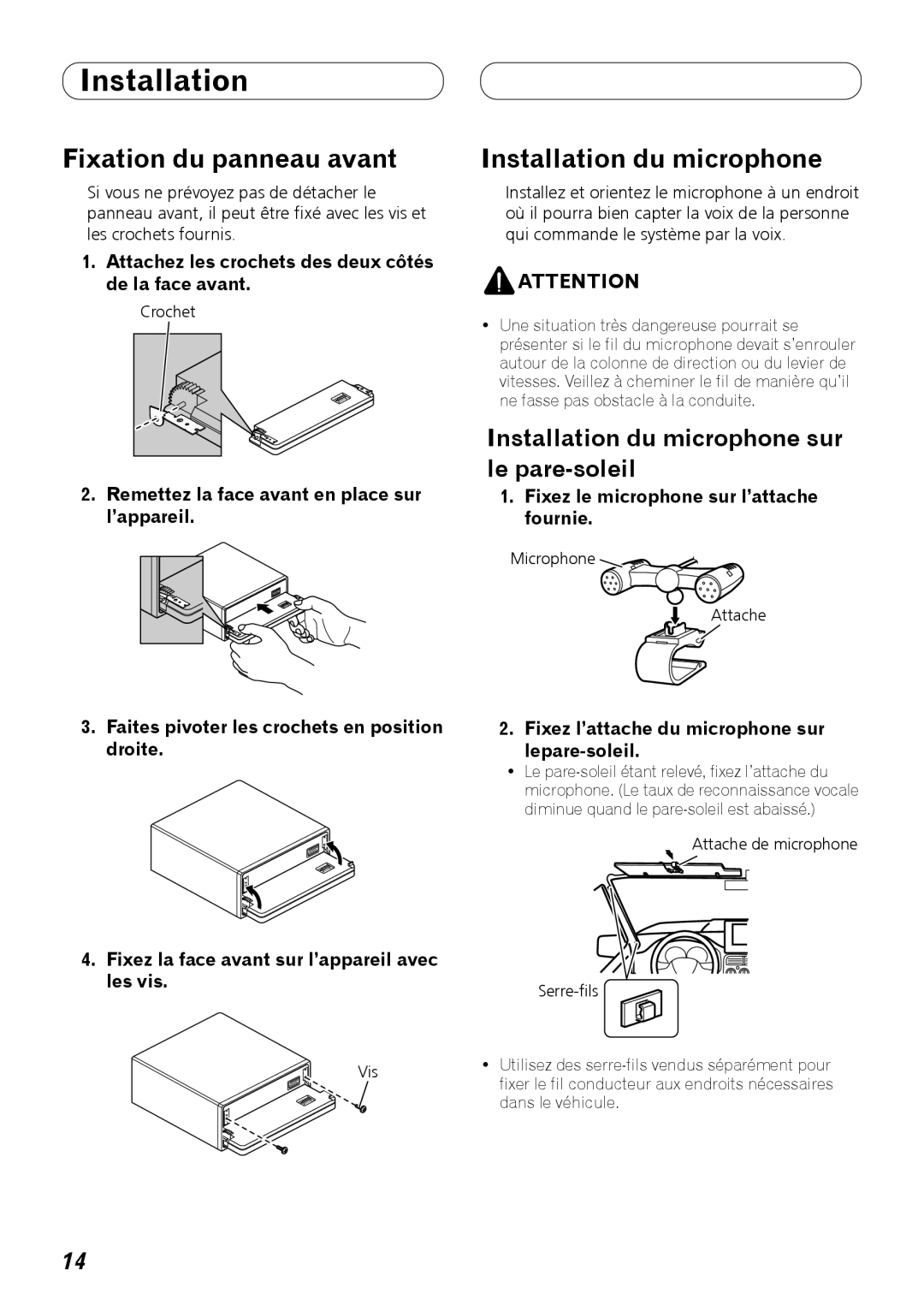 Pioneer DEH-P710BT installation manual Fixation du panneau avant, Installation du microphone sur le pare-soleil 