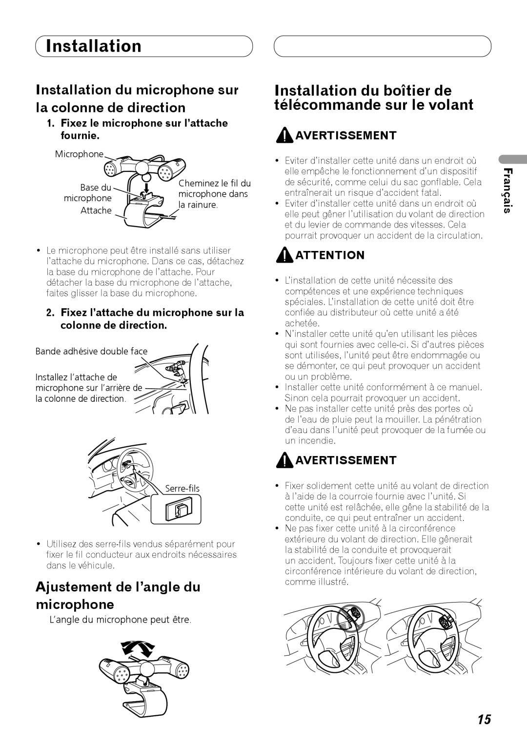 Pioneer DEH-P710BT Installation du boîtier de télécommande sur le volant, Ajustement de l’angle du microphone 