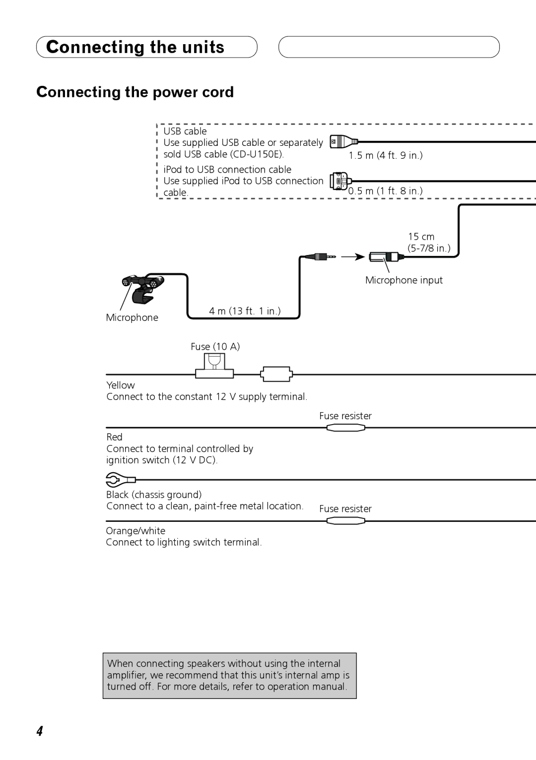 Pioneer DEH-P710BT installation manual Connecting the power cord, USB cable, Fuse 10 a 