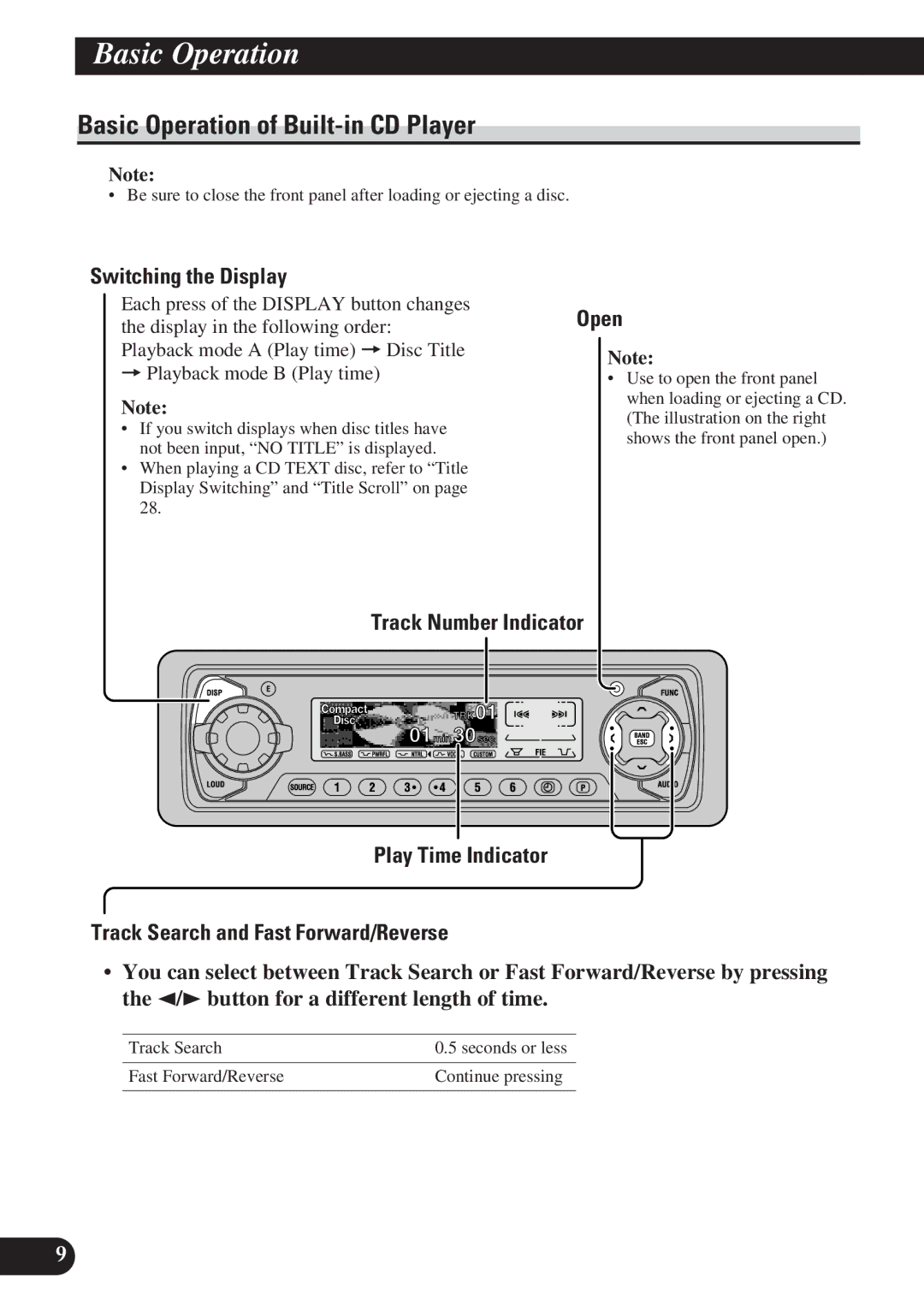 Pioneer DEH-P7200 operation manual Basic Operation of Built-in CD Player, Switching the Display, Open 