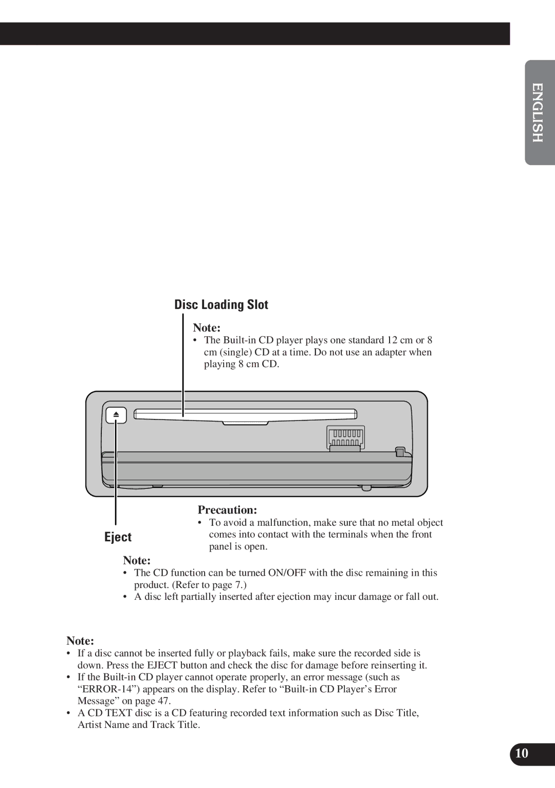 Pioneer DEH-P7200 operation manual Disc Loading Slot, Precaution 