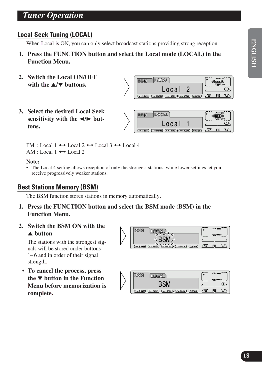 Pioneer DEH-P7200 operation manual Tuner Operation, Local Seek Tuning Local, Best Stations Memory BSM 