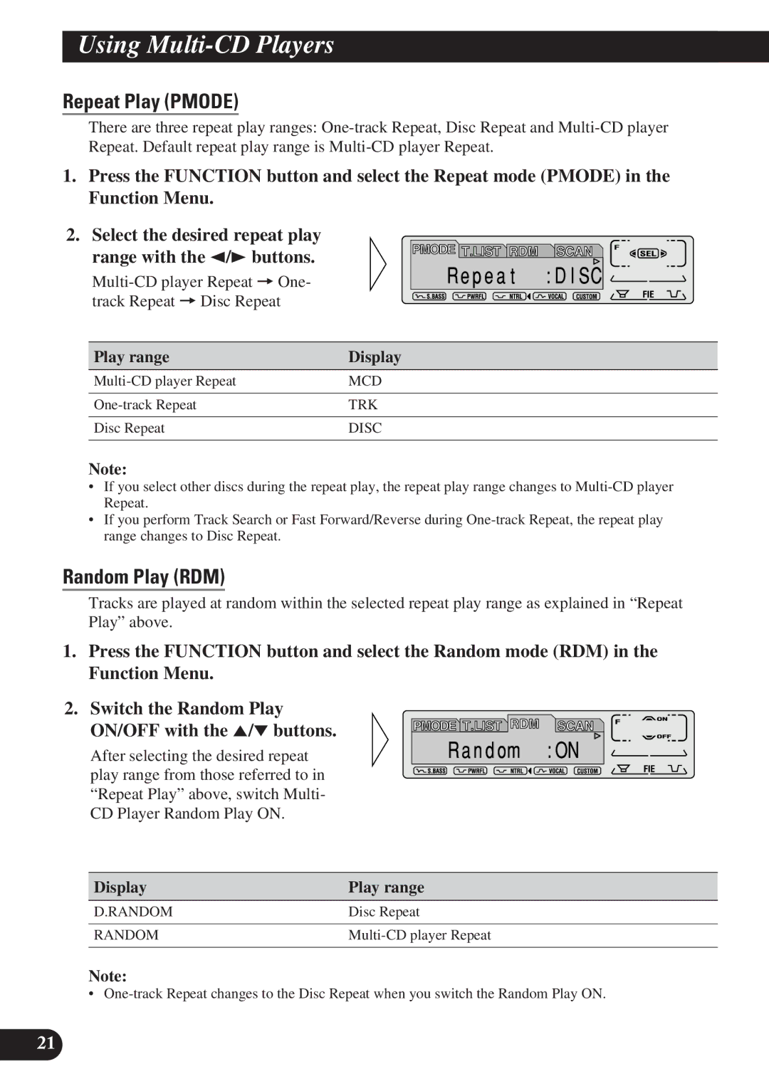 Pioneer DEH-P7200 Using Multi-CD Players, Repeat Play Pmode, Multi-CD player Repeat = One- track Repeat = Disc Repeat 