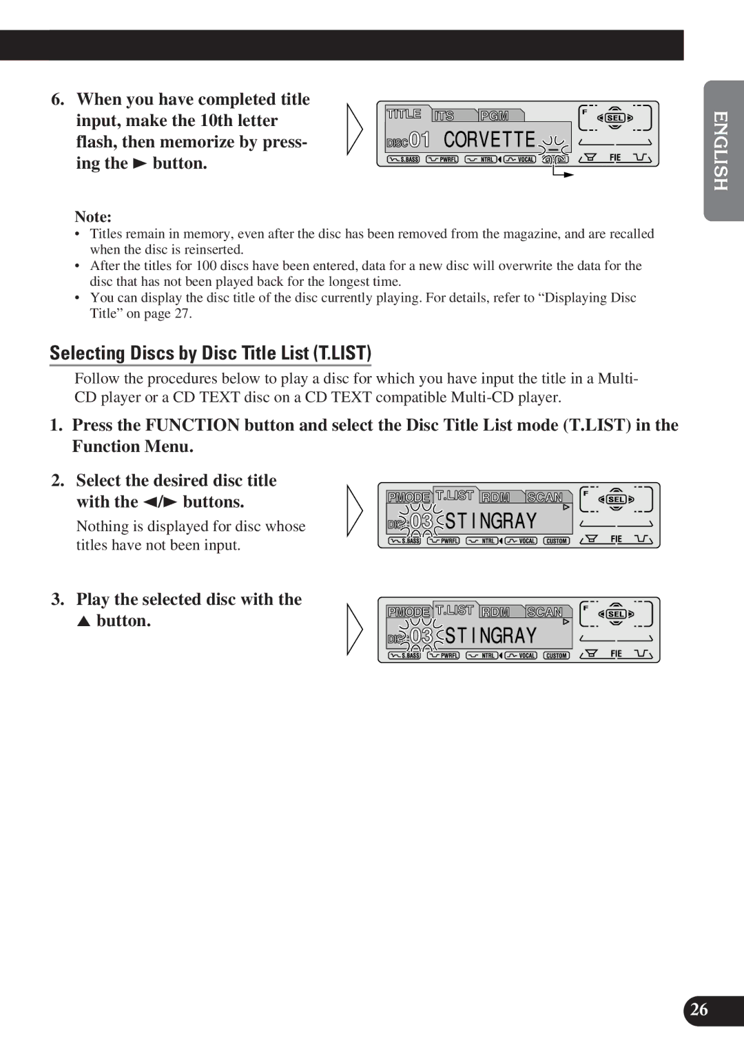 Pioneer DEH-P7200 operation manual Selecting Discs by Disc Title List T.LIST, Play the selected disc with Button 