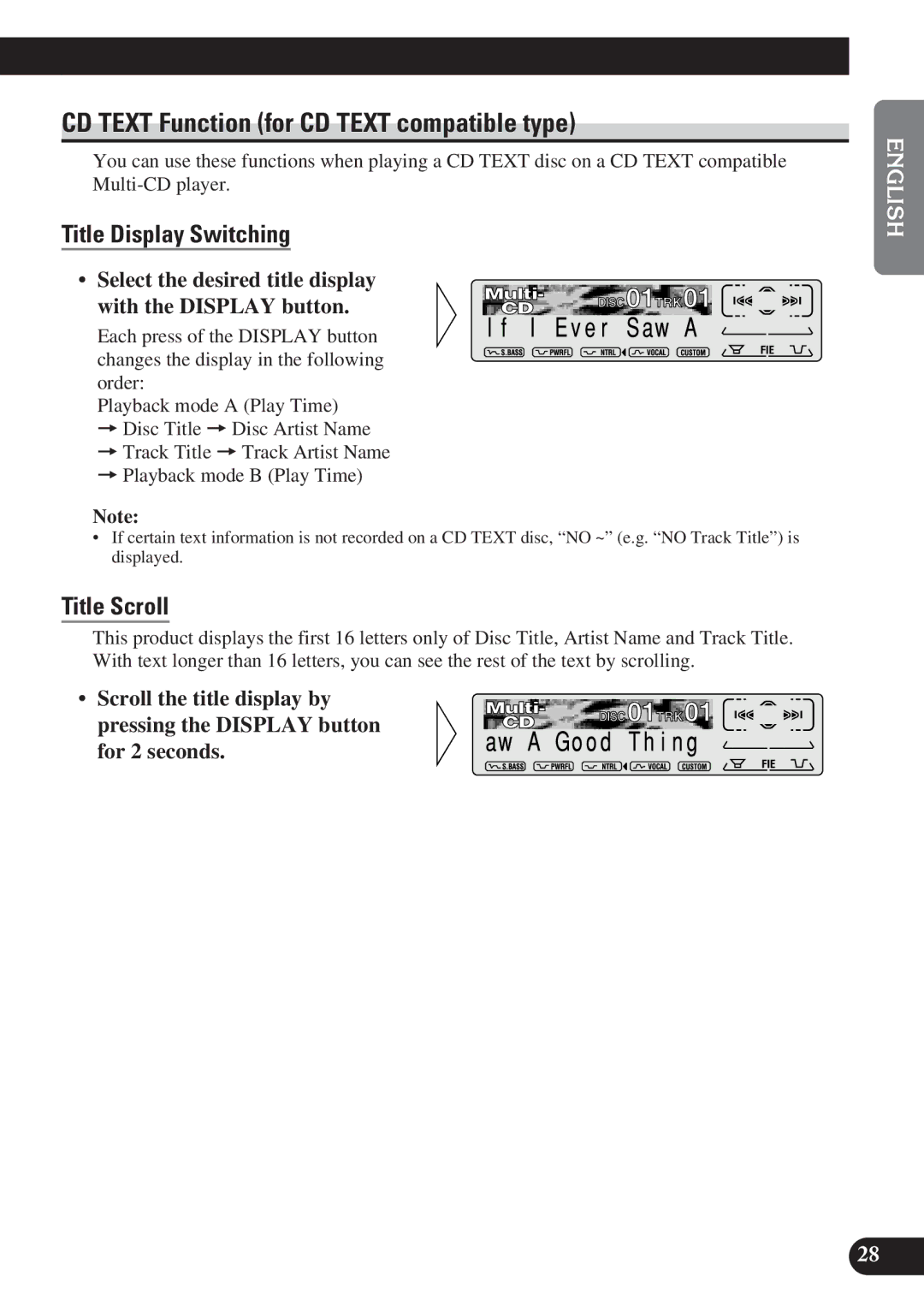 Pioneer DEH-P7200 operation manual CD Text Function for CD Text compatible type, Title Display Switching, Title Scroll 