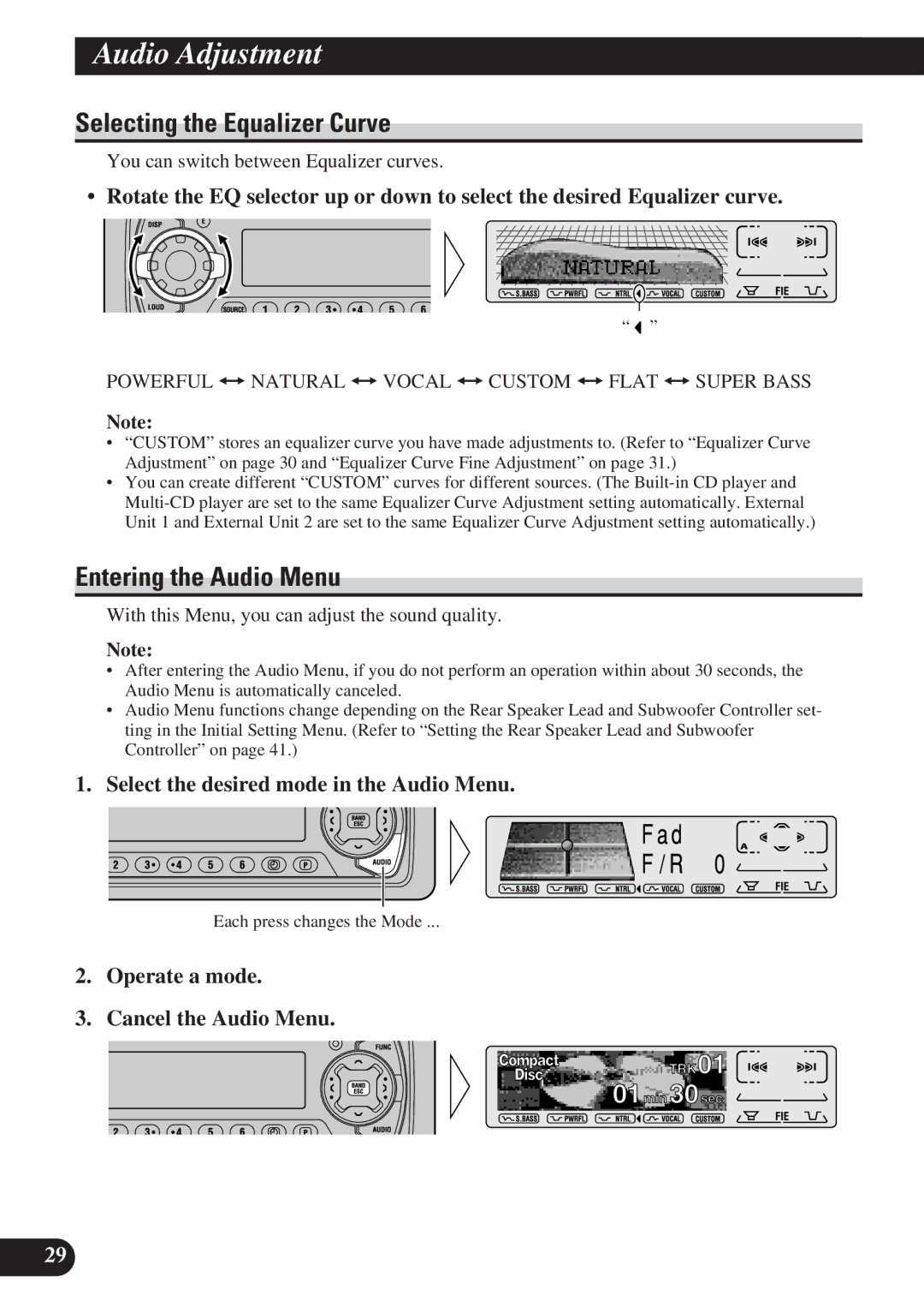 Pioneer DEH-P7200 operation manual Audio Adjustment, Selecting the Equalizer Curve, Entering the Audio Menu 