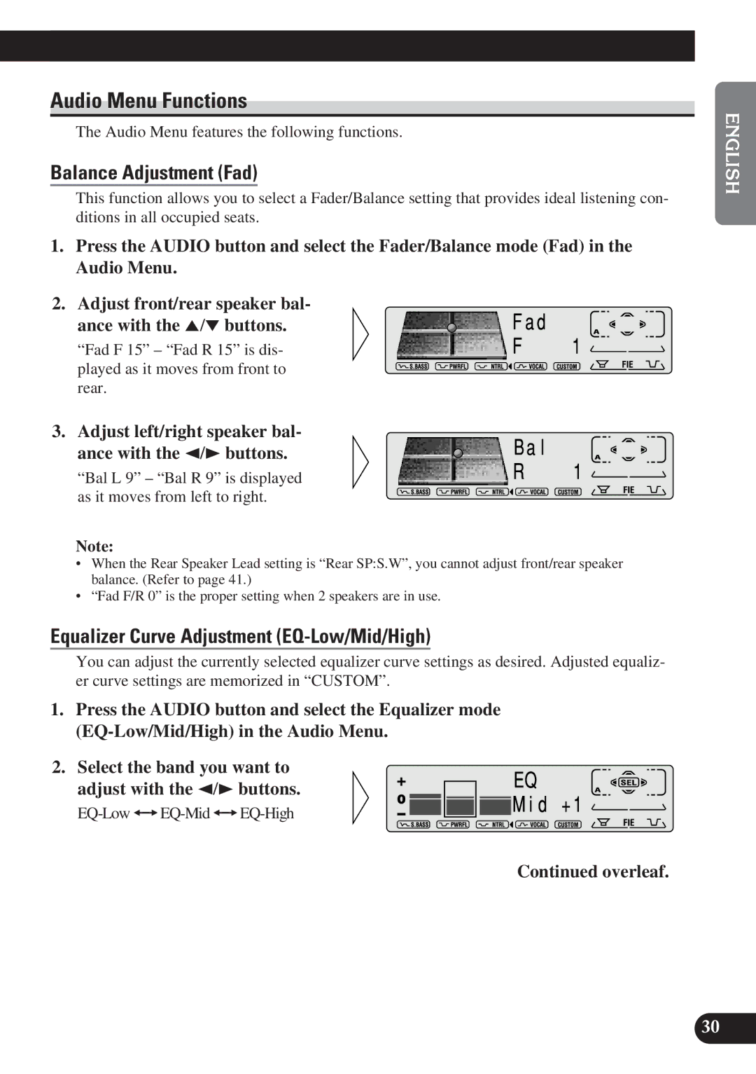 Pioneer DEH-P7200 Audio Menu Functions, Balance Adjustment Fad, Equalizer Curve Adjustment EQ-Low/Mid/High, Overleaf 