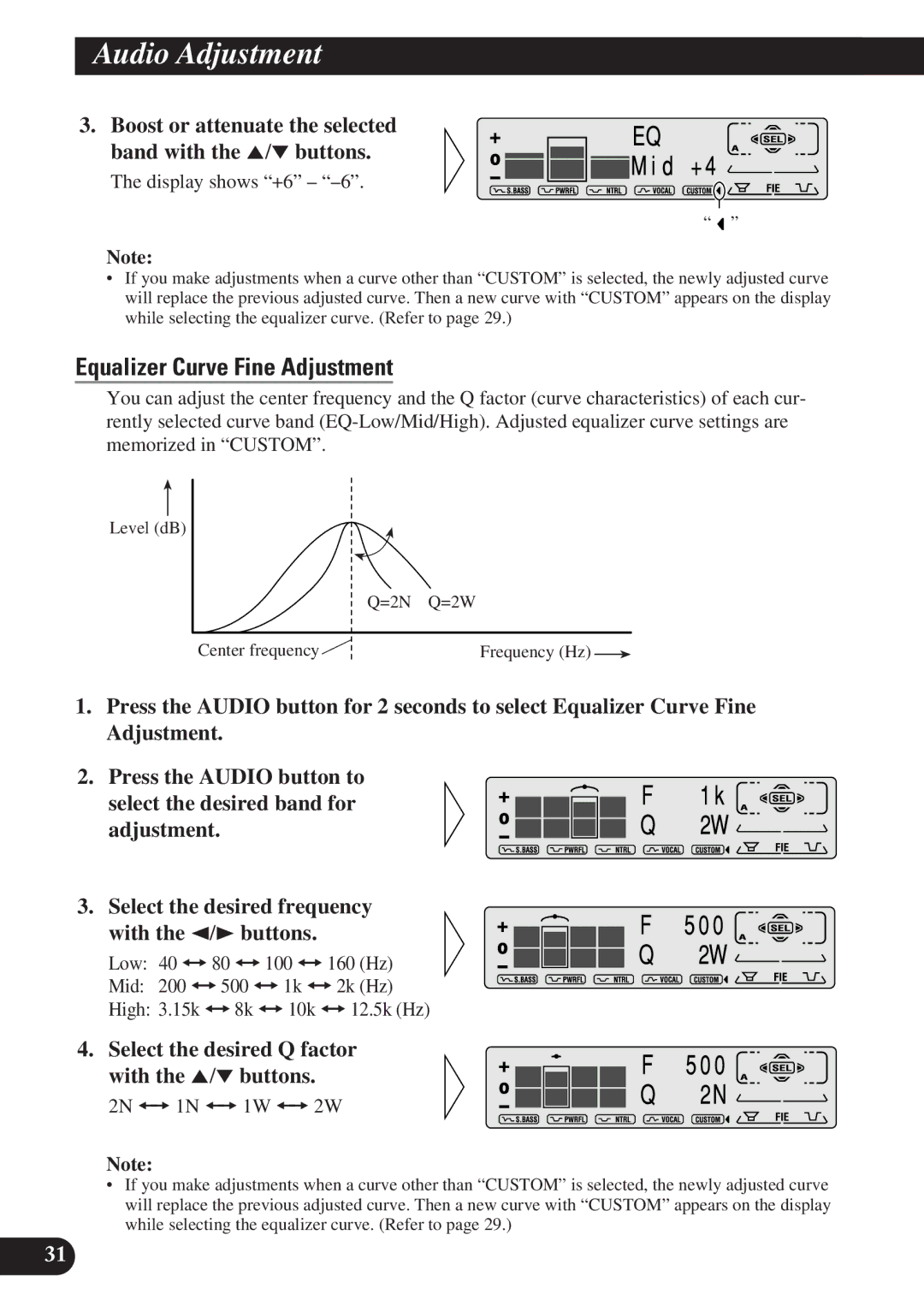 Pioneer DEH-P7200 Equalizer Curve Fine Adjustment, Boost or attenuate the selected band with the 5/ buttons 