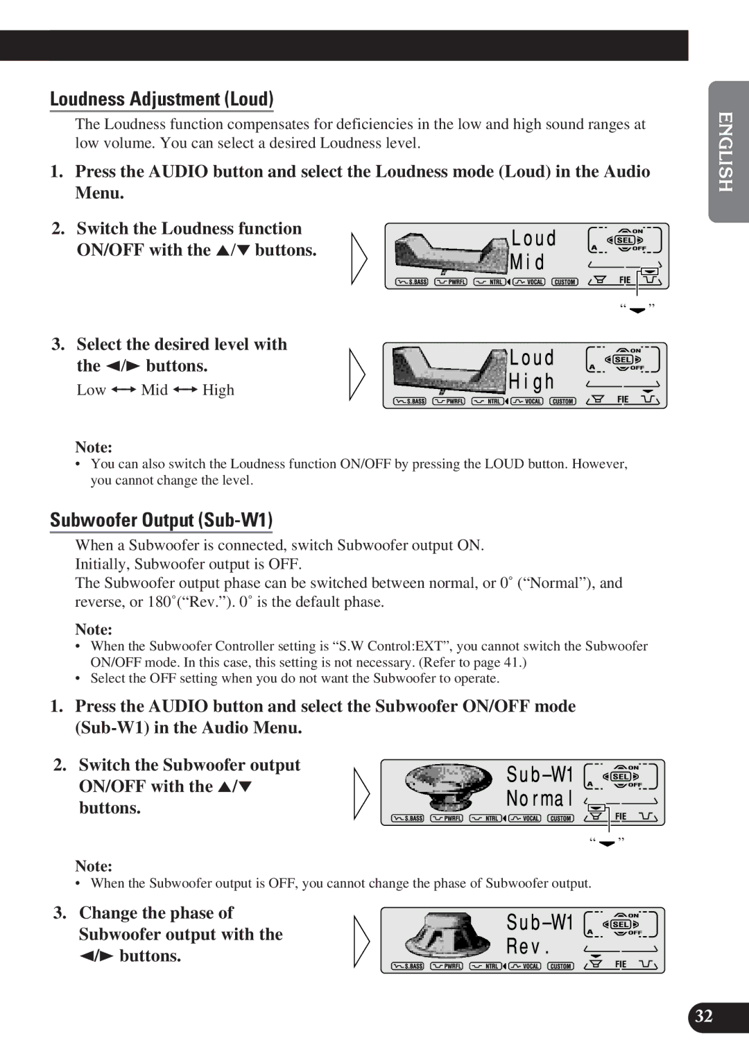 Pioneer DEH-P7200 operation manual Loudness Adjustment Loud, Subwoofer Output Sub-W1, Low += Mid += High 