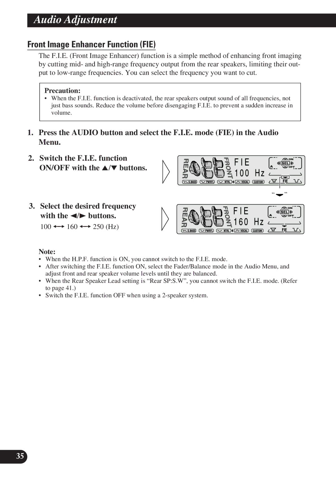 Pioneer DEH-P7200 operation manual Front Image Enhancer Function FIE, 100 += 160 += 250 Hz 