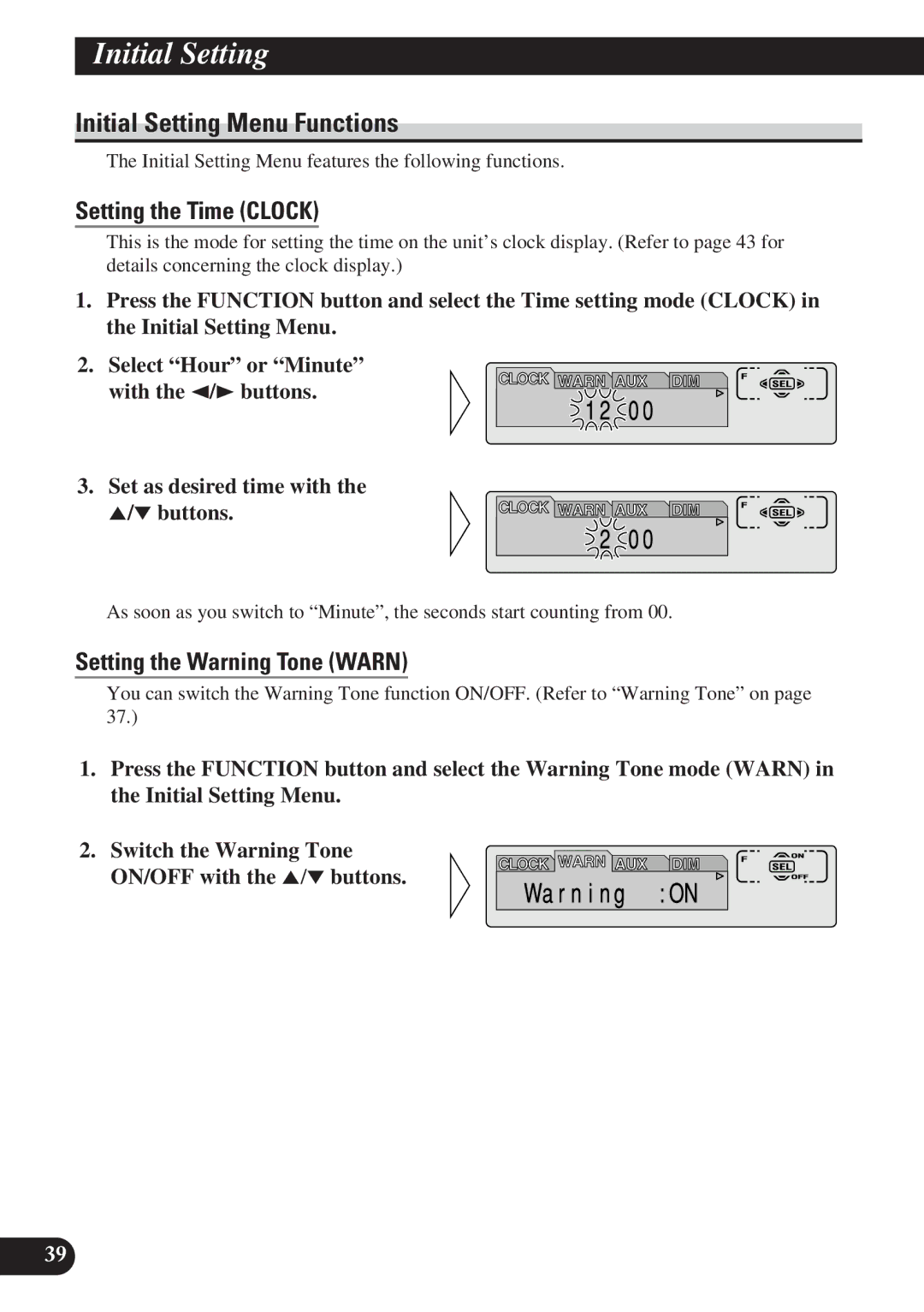 Pioneer DEH-P7200 operation manual Initial Setting Menu Functions, Setting the Time Clock, Setting the Warning Tone Warn 