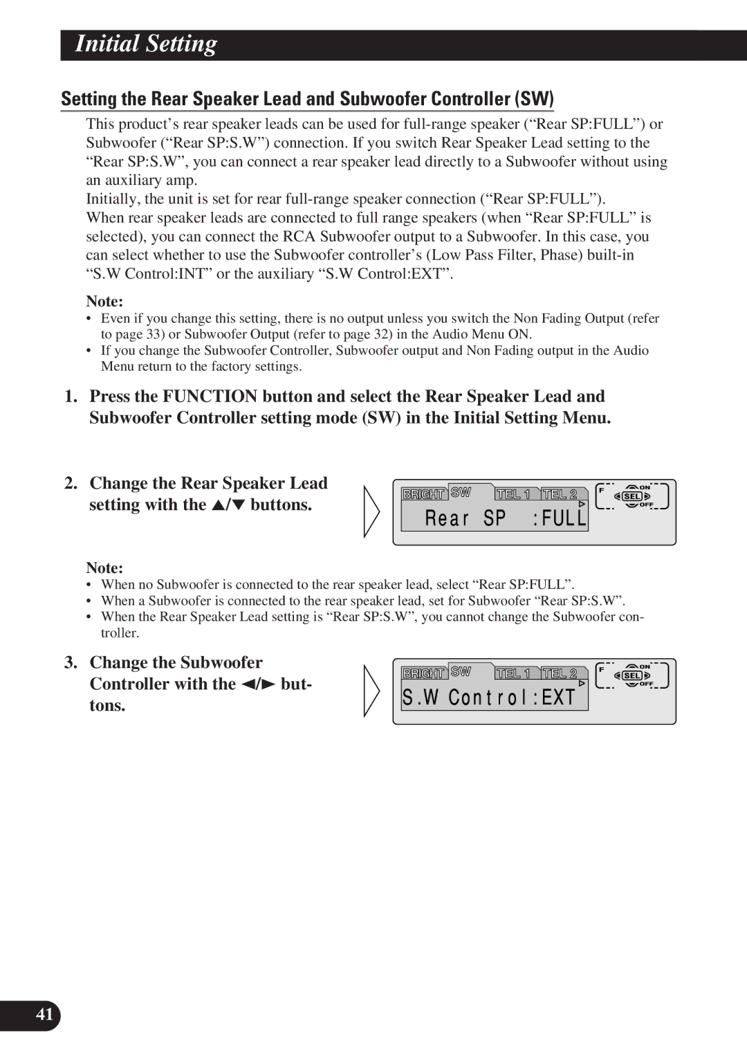 Pioneer DEH-P7200 operation manual Setting the Rear Speaker Lead and Subwoofer Controller SW 