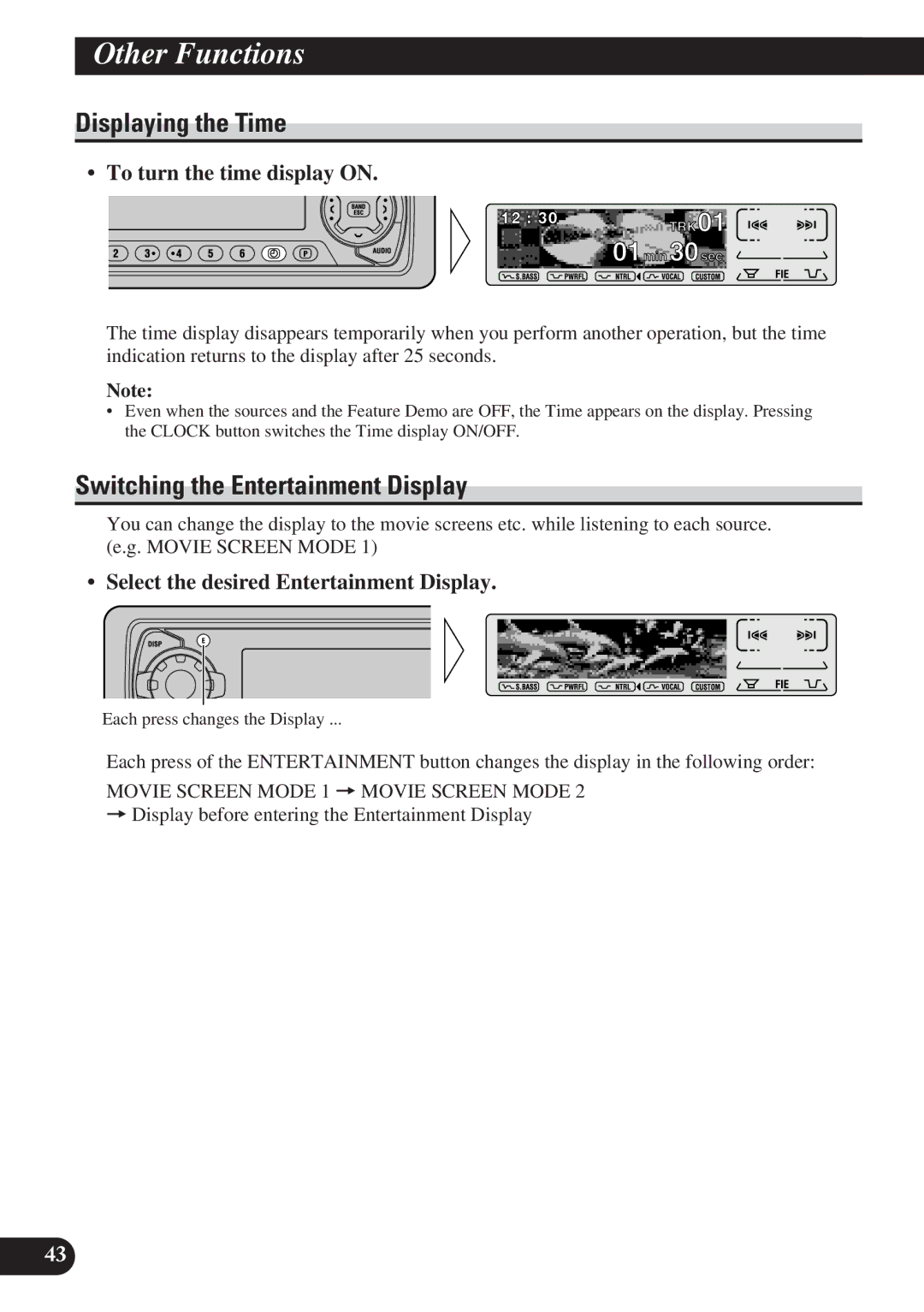 Pioneer DEH-P7200 Other Functions, Displaying the Time, Switching the Entertainment Display, To turn the time display on 