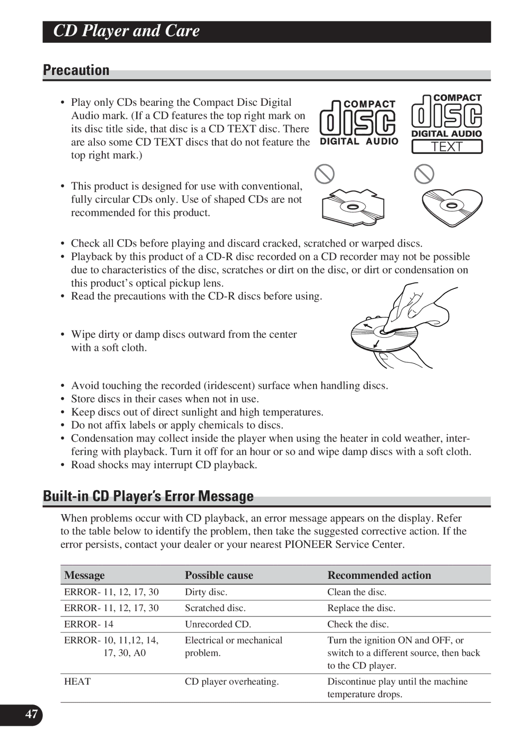 Pioneer DEH-P7200 CD Player and Care, Built-in CD Player’s Error Message, Message Possible cause Recommended action 