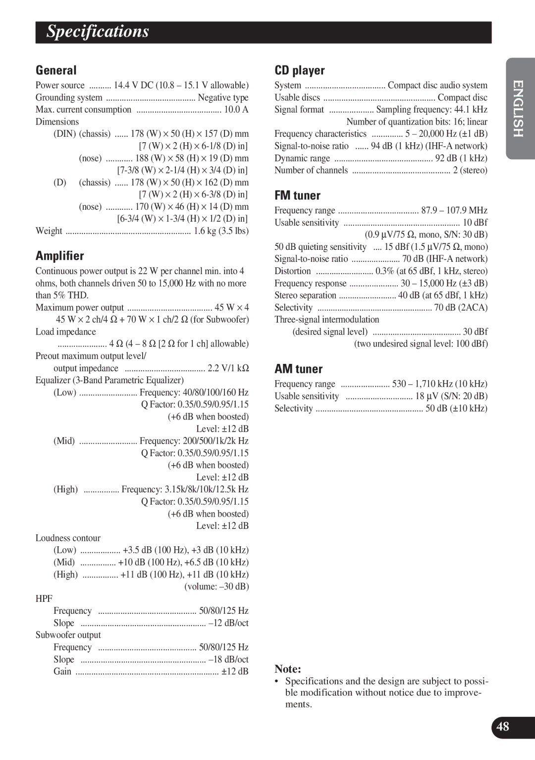 Pioneer DEH-P7200 operation manual Specifications 