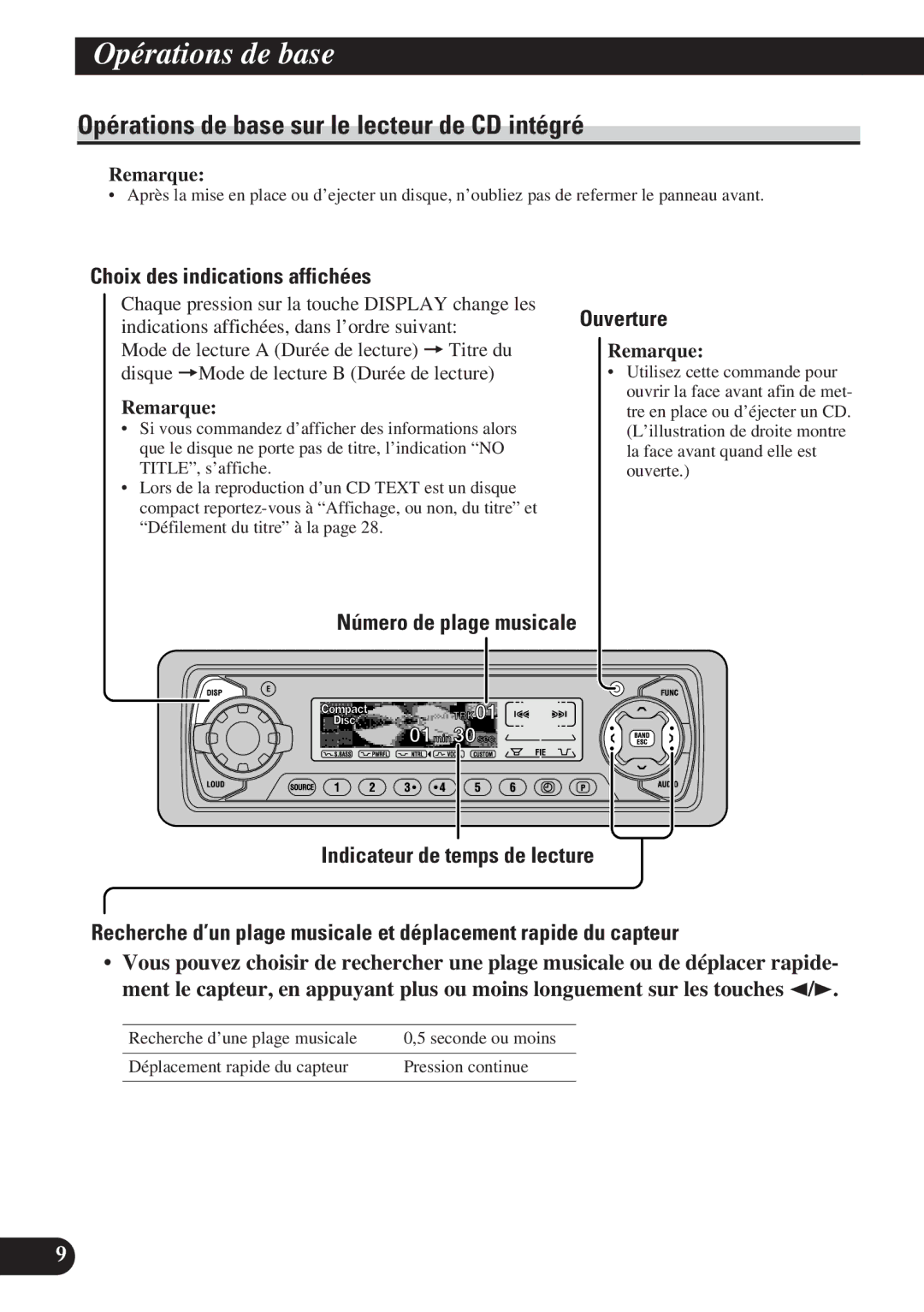 Pioneer DEH-P7200 Opérations de base sur le lecteur de CD intégré, Choix des indications affichées, Ouverture 