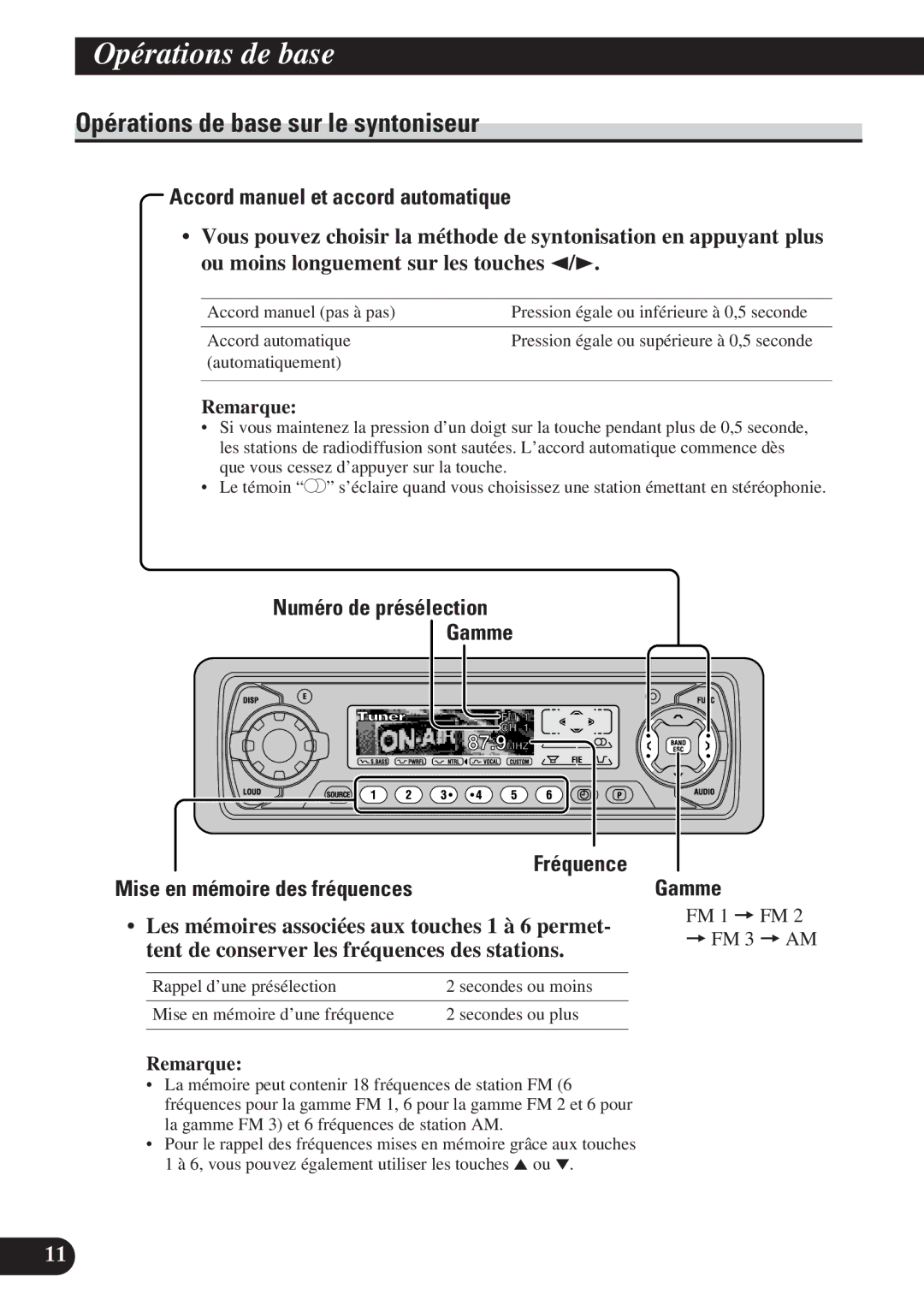 Pioneer DEH-P7200 Opérations de base sur le syntoniseur, Accord manuel et accord automatique, FM 1 = FM = FM 3 = AM 