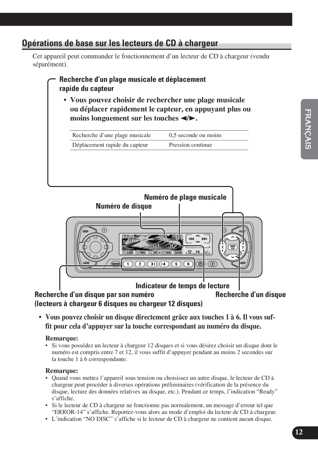 Pioneer DEH-P7200 operation manual Opérations de base sur les lecteurs de CD à chargeur 