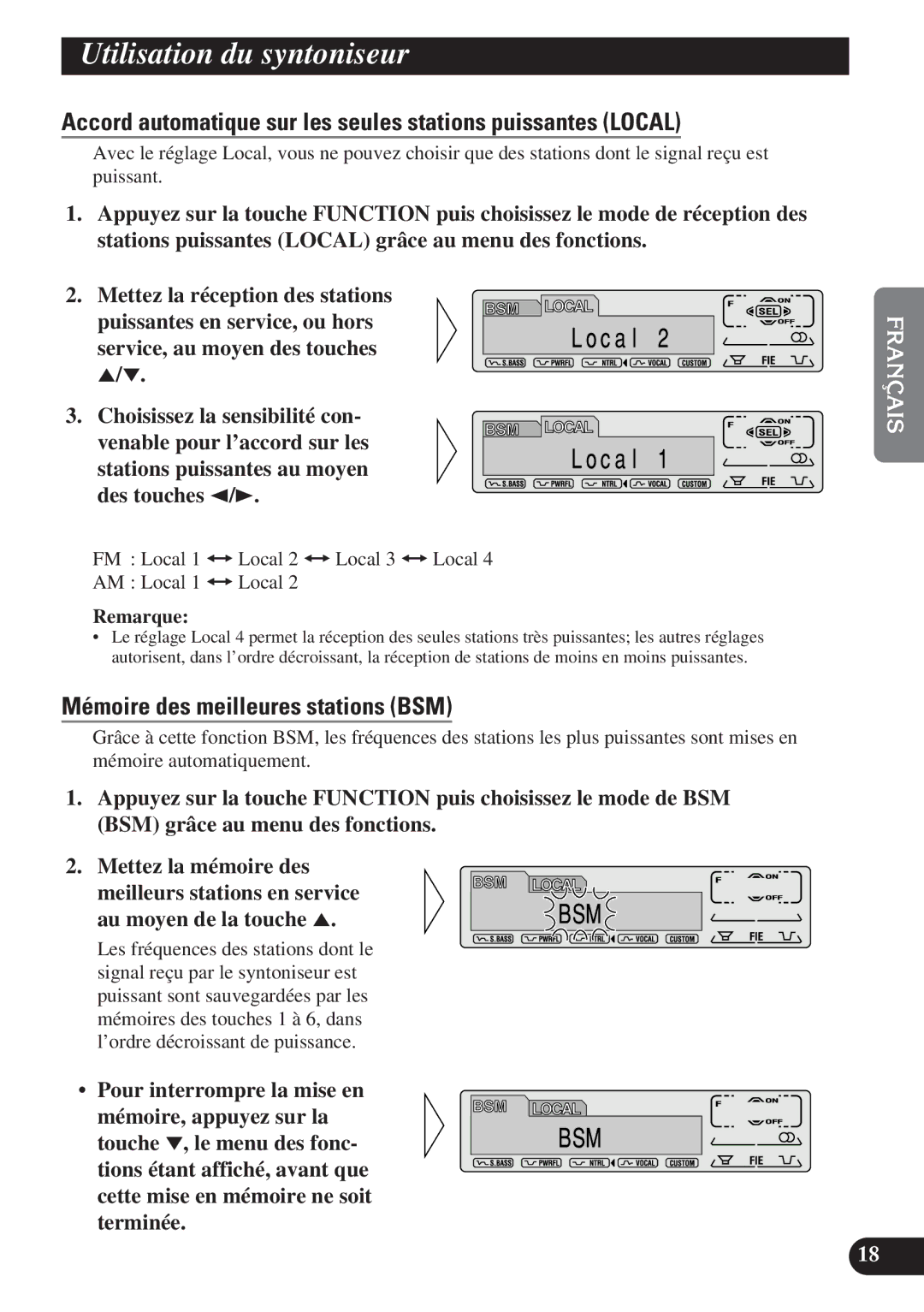 Pioneer DEH-P7200 operation manual Utilisation du syntoniseur, Accord automatique sur les seules stations puissantes Local 