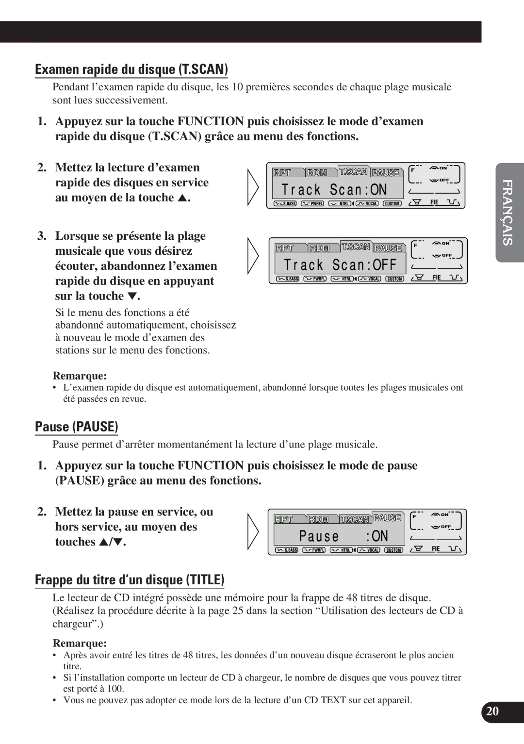 Pioneer DEH-P7200 operation manual Examen rapide du disque T.SCAN, Frappe du titre d’un disque Title 