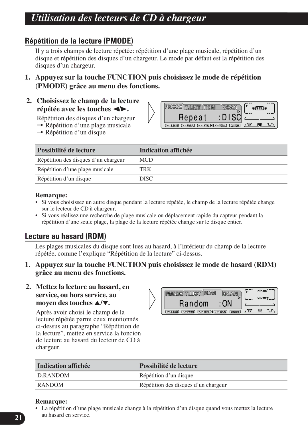 Pioneer DEH-P7200 operation manual Utilisation des lecteurs de CD à chargeur, Répétition de la lecture Pmode 