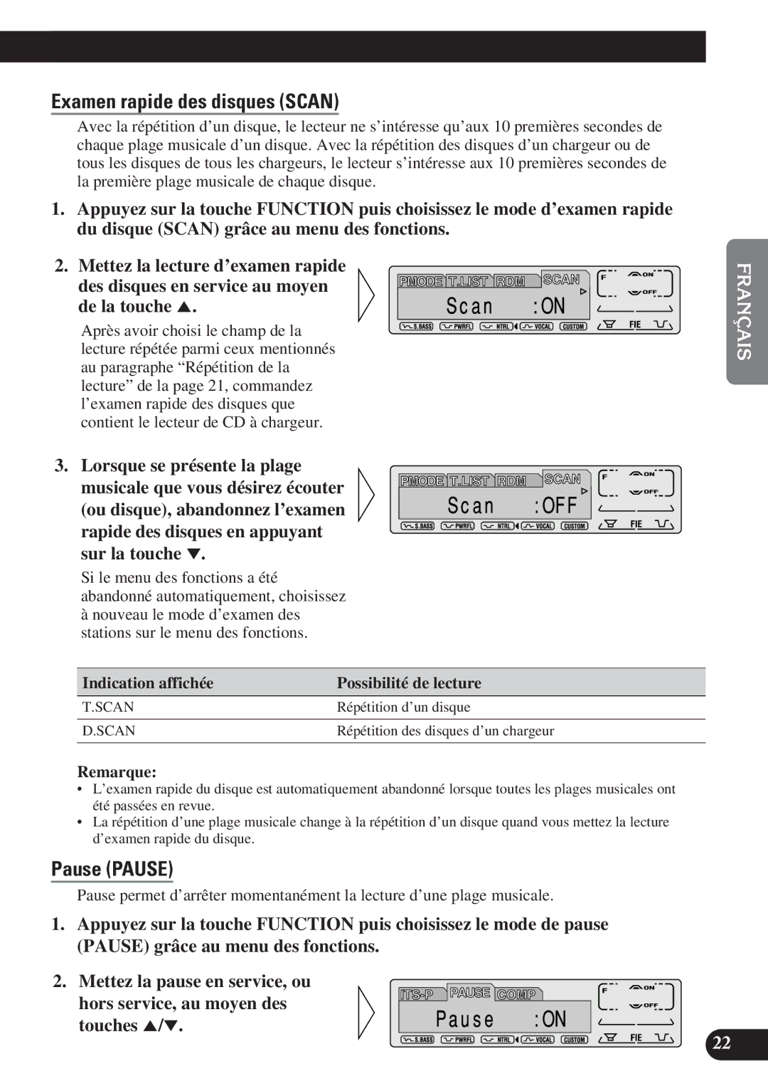 Pioneer DEH-P7200 operation manual Examen rapide des disques Scan 