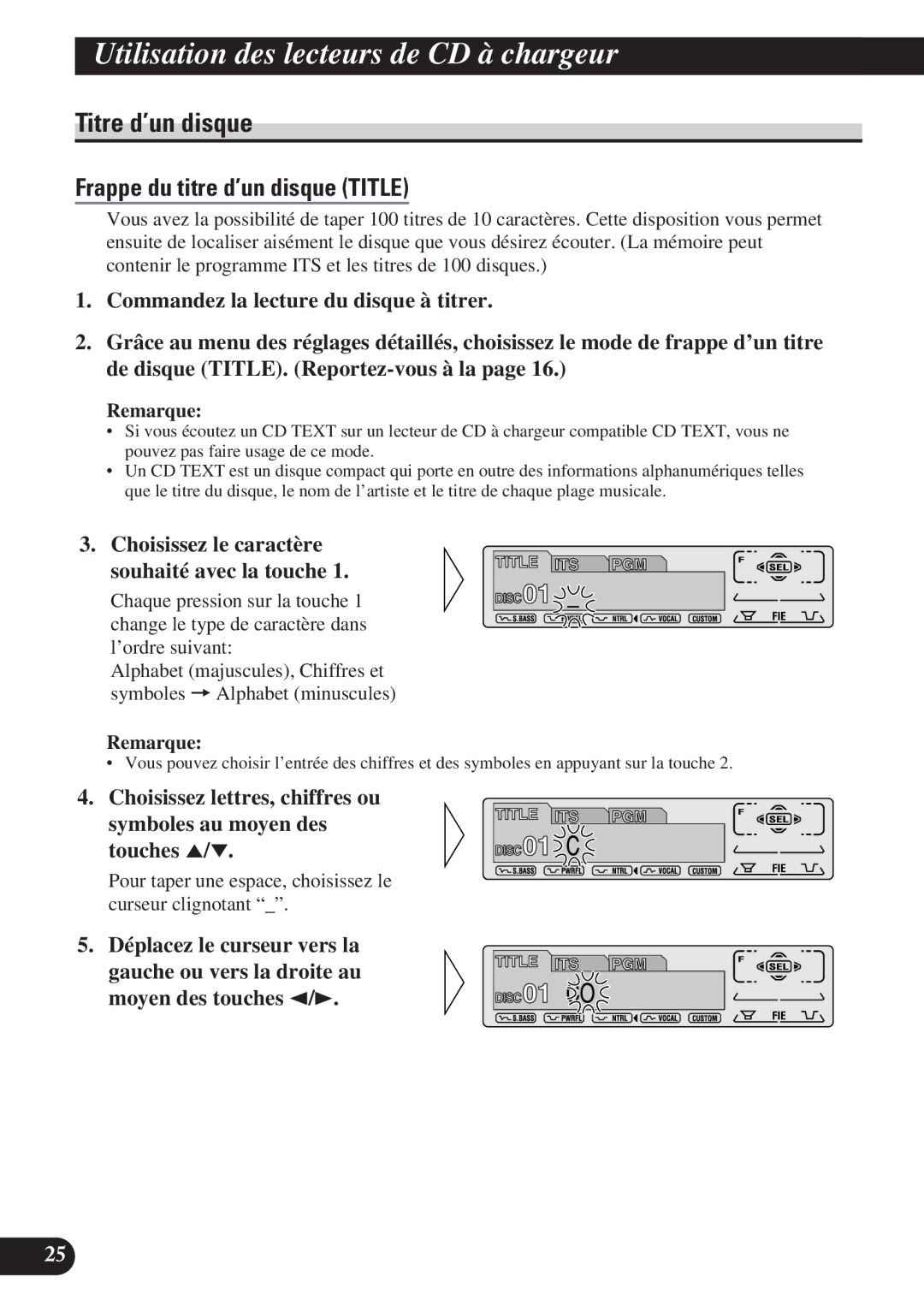 Pioneer DEH-P7200 operation manual Titre d’un disque, Choisissez le caractère Souhaité avec la touche 