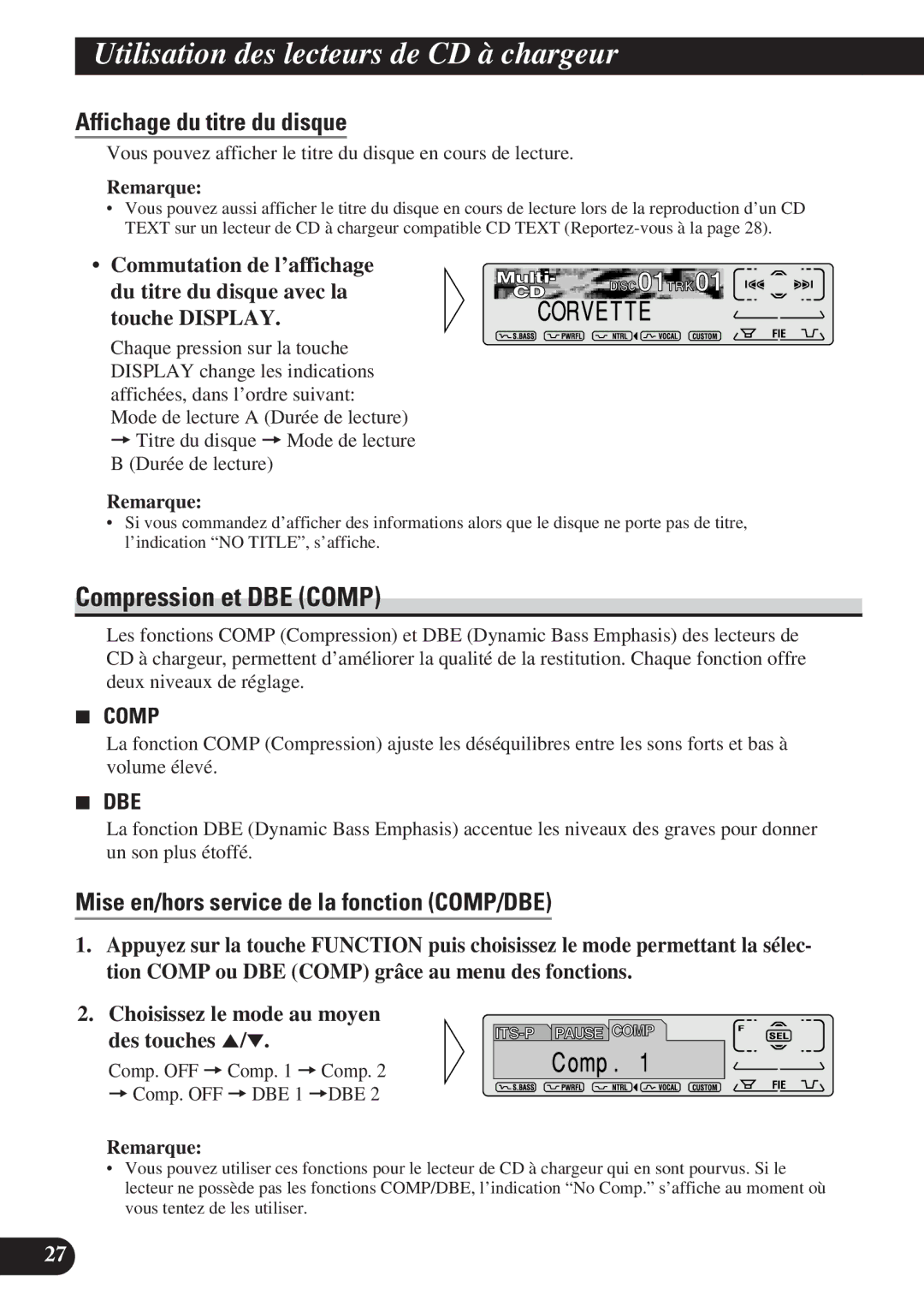 Pioneer DEH-P7200 Compression et DBE Comp, Affichage du titre du disque, Mise en/hors service de la fonction COMP/DBE 