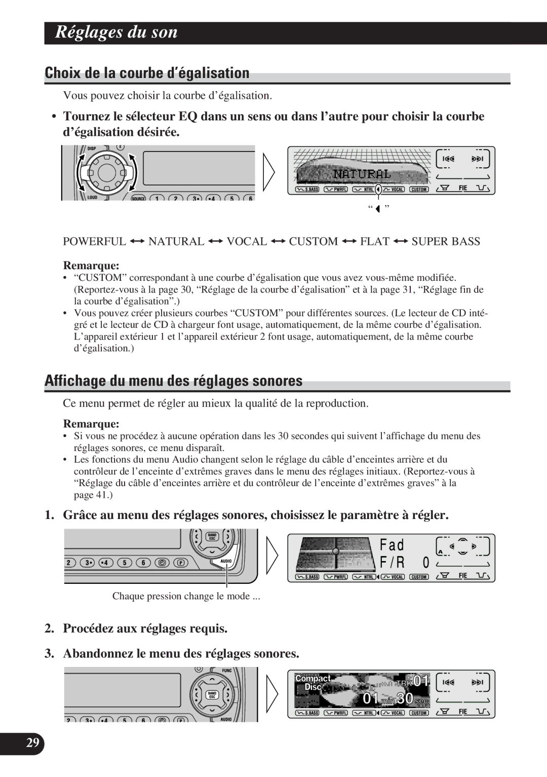 Pioneer DEH-P7200 Réglages du son, Choix de la courbe d’égalisation, Affichage du menu des réglages sonores 