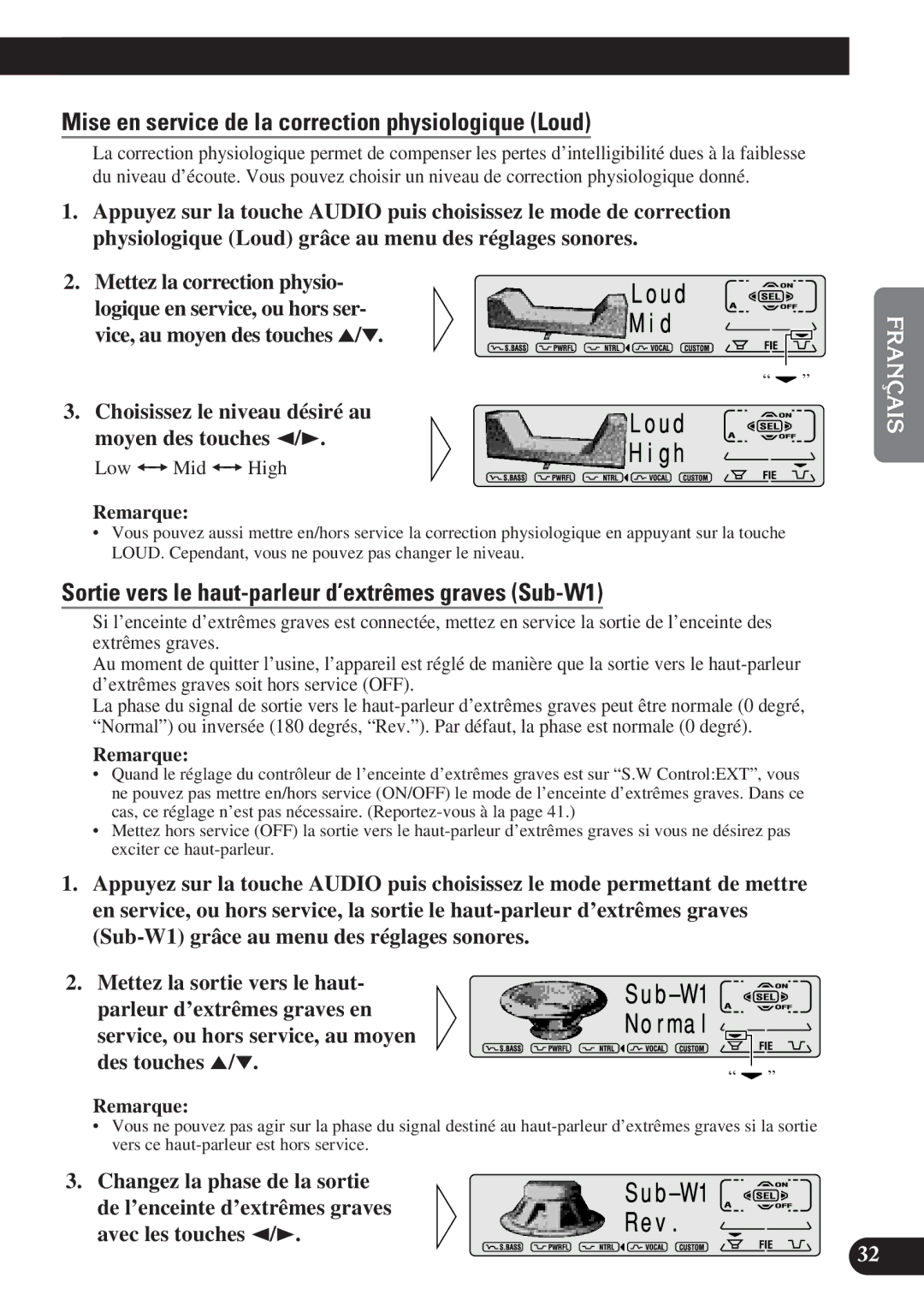 Pioneer DEH-P7200 operation manual Mise en service de la correction physiologique Loud, Low +=Mid +=High 