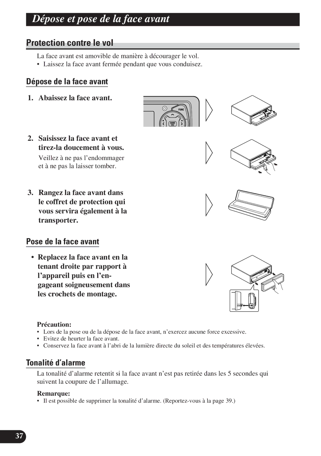 Pioneer DEH-P7200 Dépose et pose de la face avant, Protection contre le vol, Dépose de la face avant, Tonalité d’alarme 