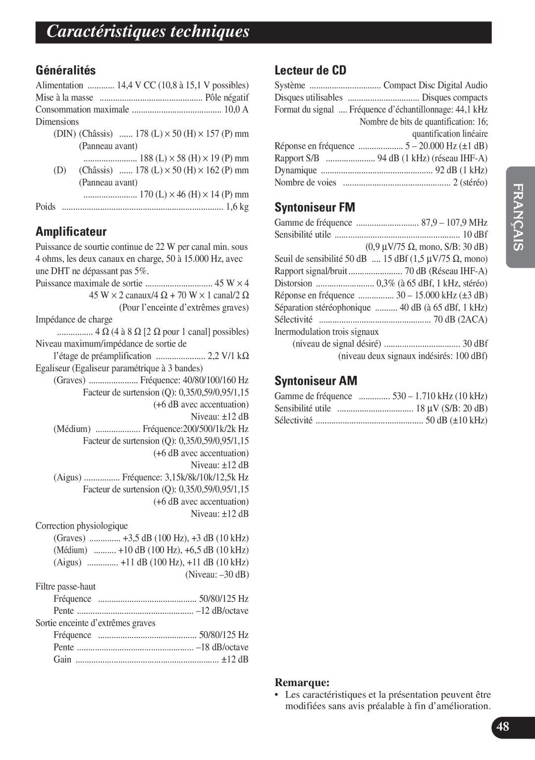 Pioneer DEH-P7200 operation manual Caractéristiques techniques 