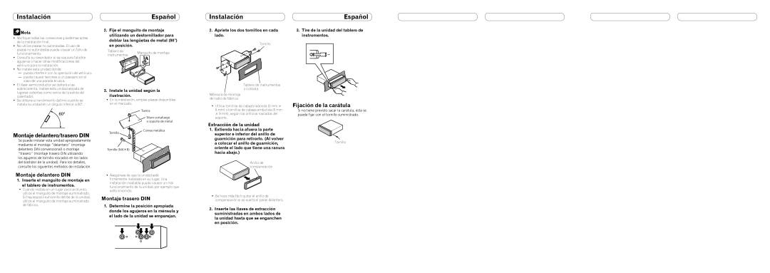 Pioneer DEH-P7200HD Instalación, Montaje delantero/trasero DIN, Fijación de la carátula, Montaje delantero DIN 