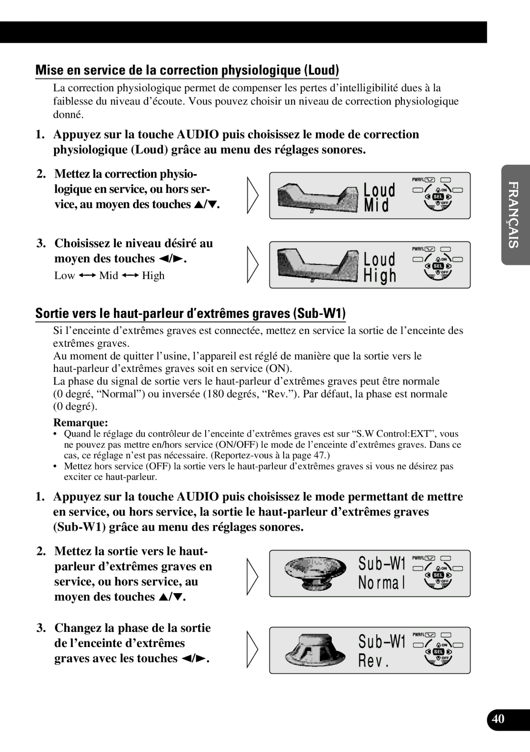 Pioneer DEH-P630 Mise en service de la correction physiologique Loud, Sortie vers le haut-parleur d’extrêmes graves Sub-W1 