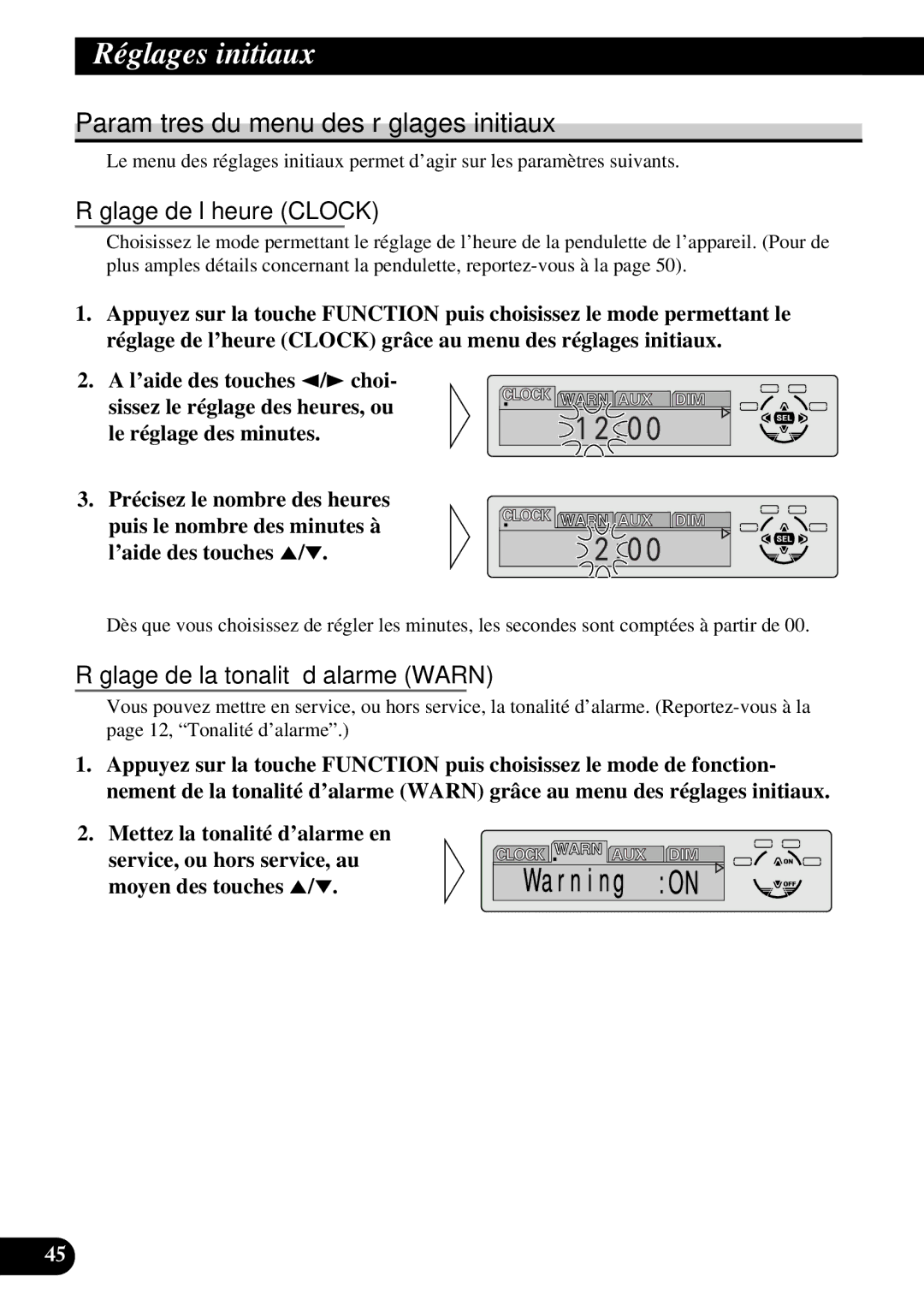 Pioneer DEH-P730 Paramètres du menu des réglages initiaux, Réglage de l’heure Clock, Réglage de la tonalité d’alarme Warn 