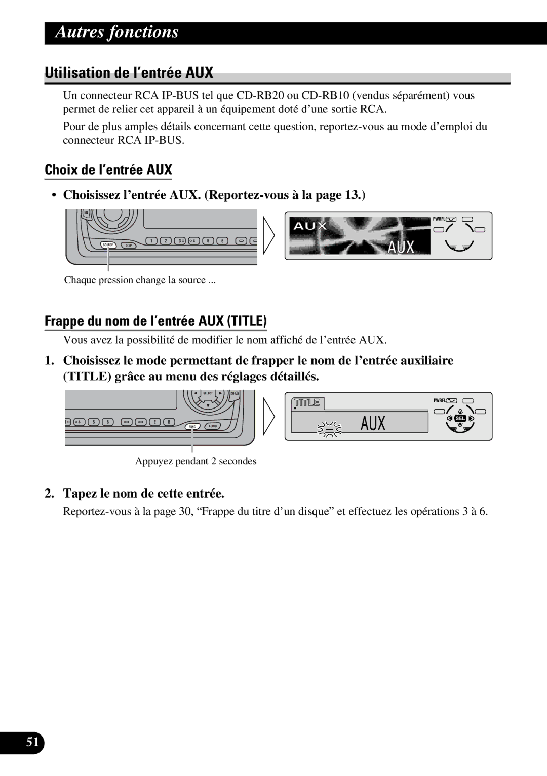 Pioneer DEH-P730, DEH-P630 Utilisation de l’entrée AUX, Choix de l’entrée AUX, Frappe du nom de l’entrée AUX Title 