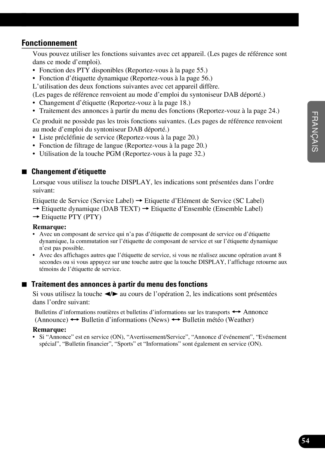 Pioneer DEH-P630, DEH-P730 Fonctionnement, Changement d’étiquette, Traitement des annonces à partir du menu des fonctions 