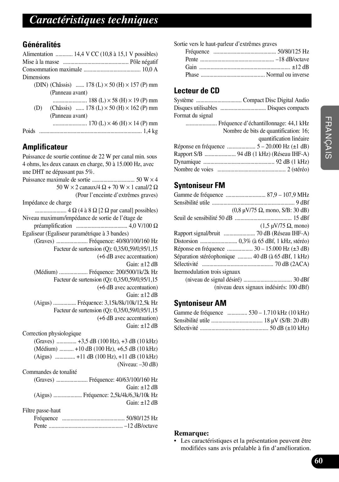 Pioneer DEH-P630, DEH-P730 operation manual Caractéristiques techniques 