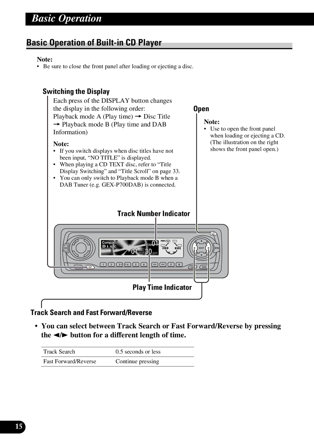 Pioneer DEH-P730, DEH-P630 Basic Operation of Built-in CD Player, Switching the Display, Open, Track Number Indicator 