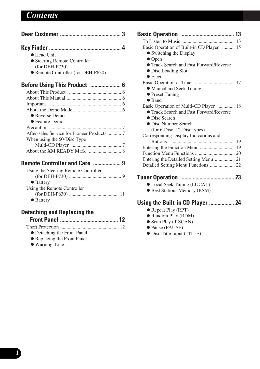 Pioneer DEH-P730, DEH-P630 operation manual Contents 