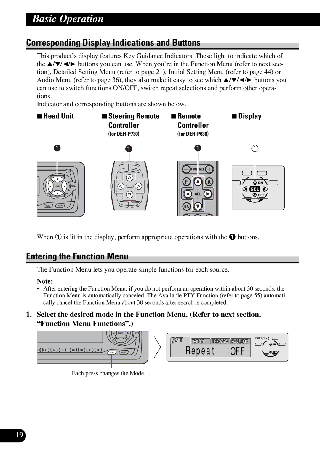 Pioneer DEH-P730, DEH-P630 operation manual Corresponding Display Indications and Buttons, Entering the Function Menu 