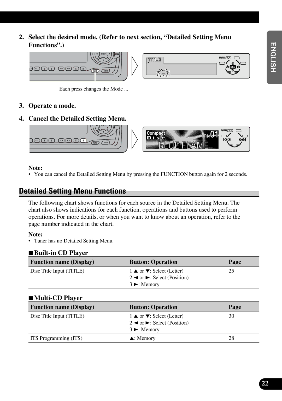 Pioneer DEH-P630, DEH-P730 operation manual Detailed Setting Menu Functions, Operate a mode Cancel the Detailed Setting Menu 