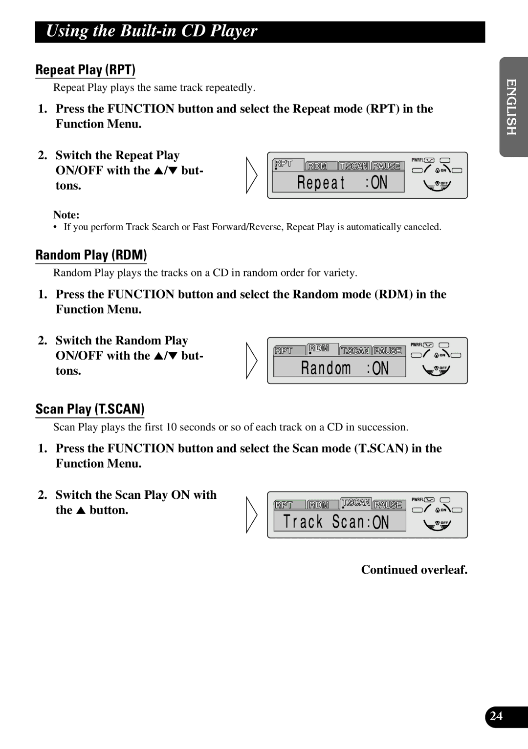 Pioneer DEH-P630, DEH-P730 operation manual Using the Built-in CD Player, Repeat Play RPT, Random Play RDM, Scan Play T.SCAN 