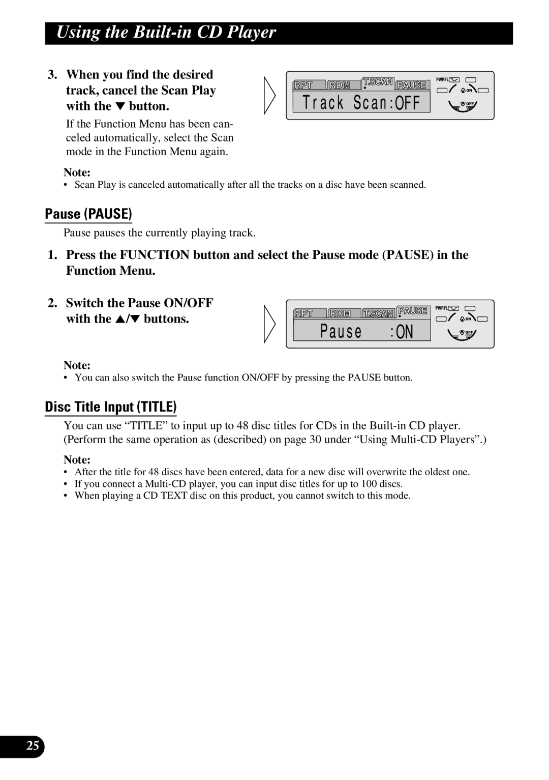 Pioneer DEH-P730, DEH-P630 operation manual Pause Pause, Disc Title Input Title, Pause pauses the currently playing track 