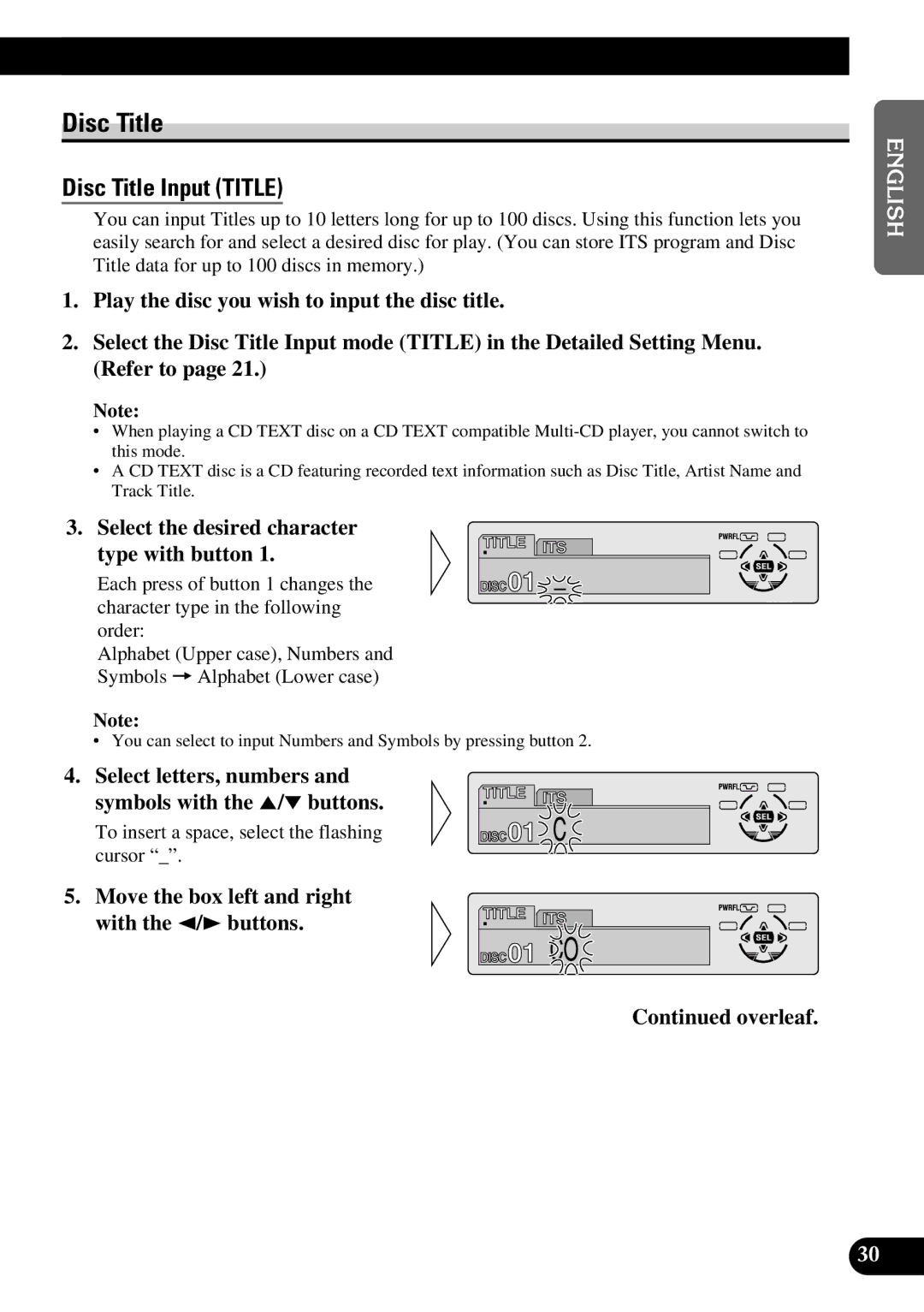 Pioneer DEH-P630 Disc Title, Select the desired character Type with button, To insert a space, select the flashing cursor 