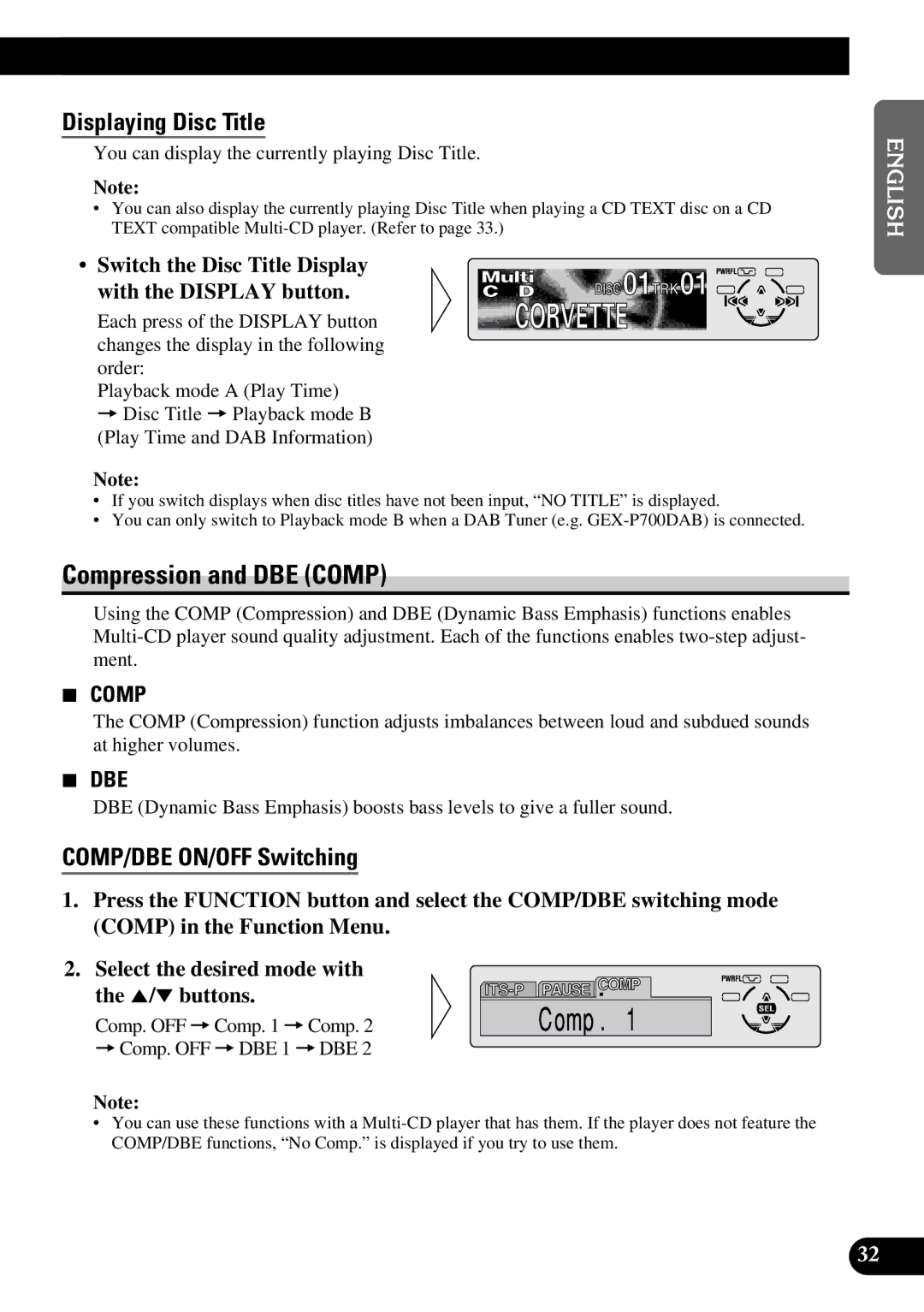 Pioneer DEH-P630, DEH-P730 operation manual Compression and DBE Comp, Displaying Disc Title, COMP/DBE ON/OFF Switching 