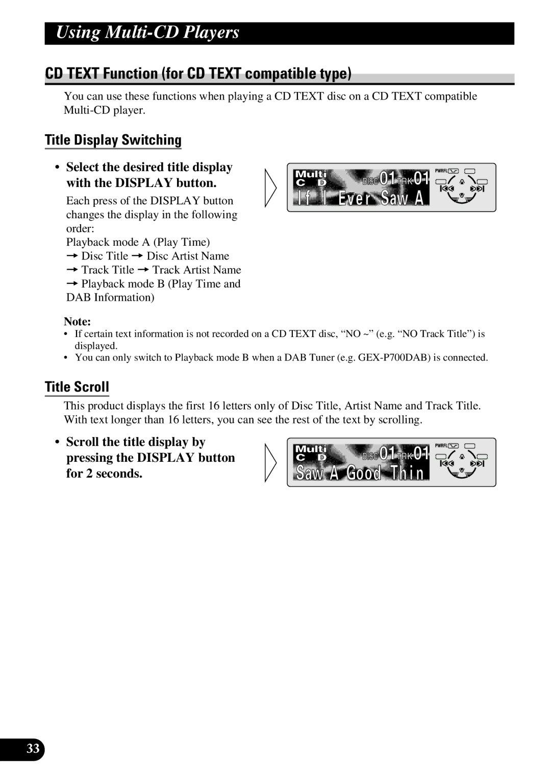 Pioneer DEH-P730, DEH-P630 CD Text Function for CD Text compatible type, Title Display Switching, Title Scroll 