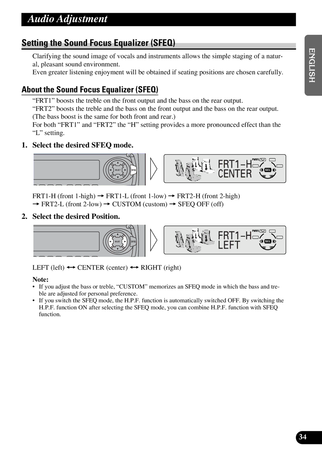 Pioneer DEH-P630, DEH-P730 Audio Adjustment, Setting the Sound Focus Equalizer Sfeq, About the Sound Focus Equalizer Sfeq 