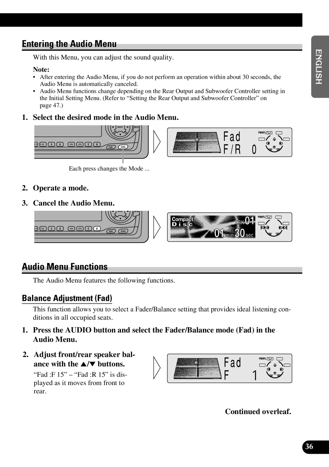 Pioneer DEH-P630, DEH-P730 operation manual Entering the Audio Menu, Audio Menu Functions, Balance Adjustment Fad 